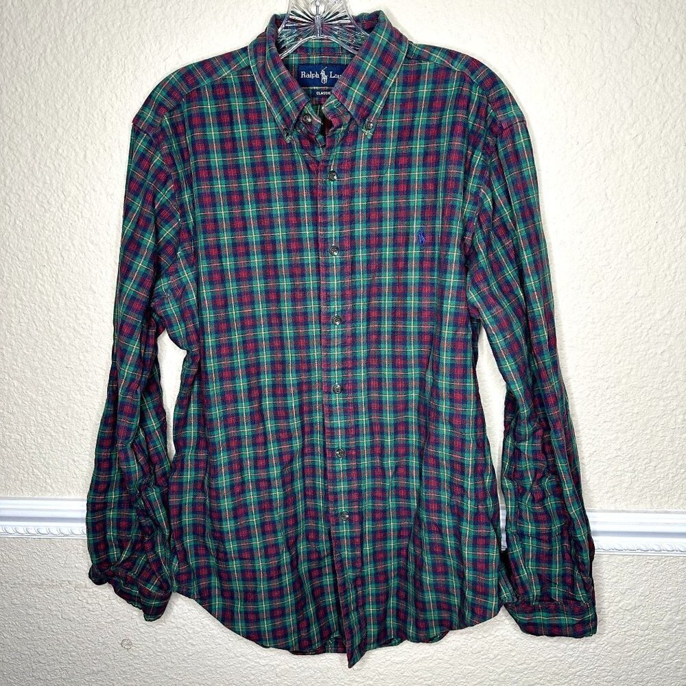 Ralph Lauren Classic Fit Men's Size Medium Red & Green Plaid Button Down Shirt